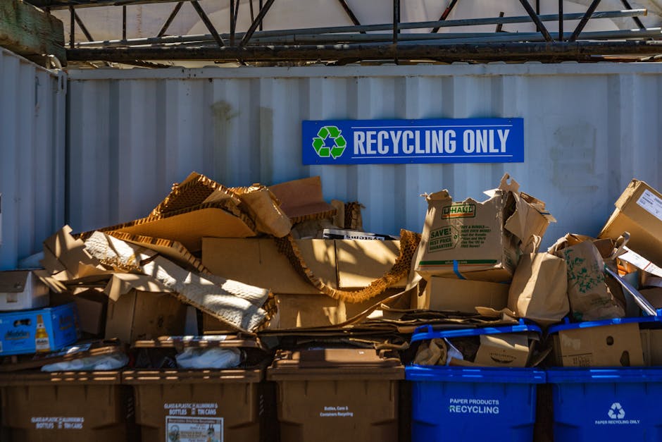 A man wearing a light blue shirt, dark pants, and a face mask is standing on the edge of a large, open-top rubbish truck, loading or sorting various discarded items. The truck contains a mix of materi